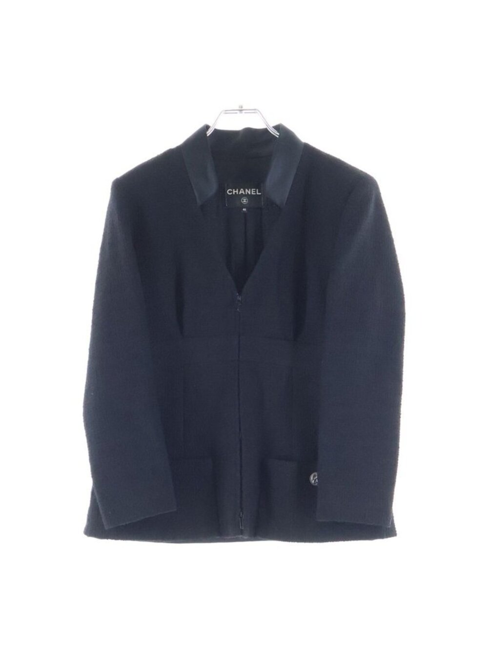 Chanel CC Logo Button Tweed Zip Up Stand Collar Jacket Black